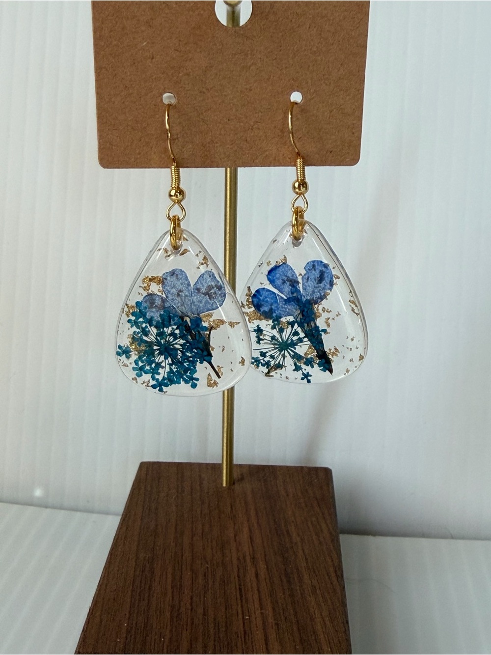Blue Floral Resin Guitar Pick Earrings with Gold Foil Flakes